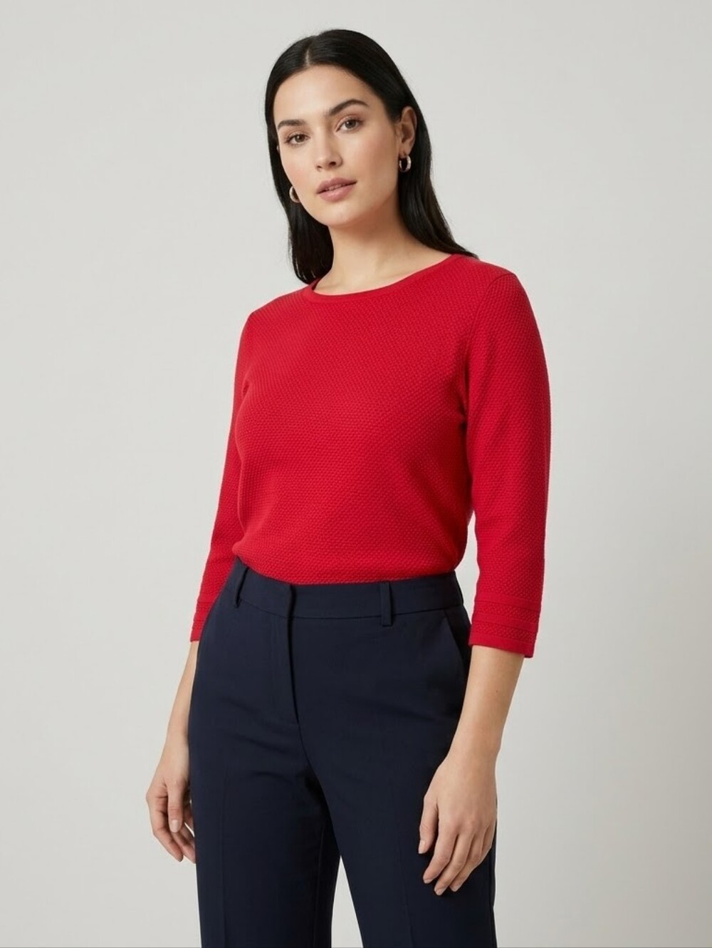Waffle Knit Scoop Neck Red Sweater 3/4 Sleeve Size 44 M/L Minimalist Preppy Y2K